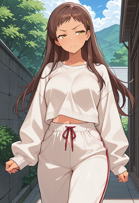 masterpiece,high quality details,
outdoors,
<lora:Sayama_Chie:0.8>
chie_cnr, 1girl, brown hair, long hair,yellow eyes, tan, tanlines, hairclip,(aged up:1.2), (mature female:1.1),, nervous,scowl,, oversized sweater ,cropped shirt,track pants, ,fluffy legwear,