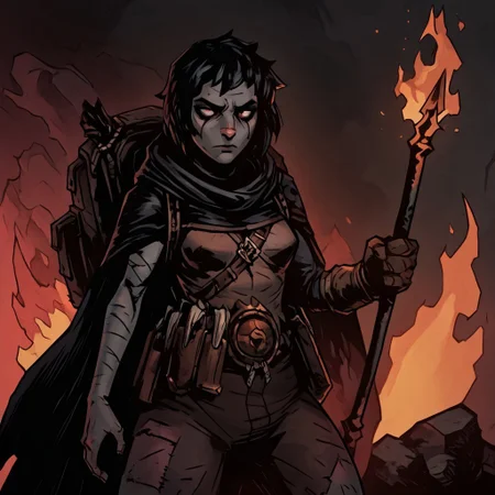 masterpiece, best quality, newest, absurdres, highres,
TTCSV1.0, arbuz_budesh,
1girl, DDRAW-V1.0, cape, black hair, short hair, small breasts, backpack, rags, weapon, holding weapon, fire,