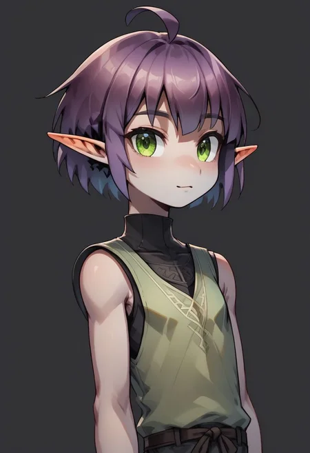 ASCIILapanya, 1 person, solo, pointy ears, ((snout nose)), flat chest, small nostrils, short stature, skinny arms, ((hazel irises)), fair skin, ((dark lilac hair)), short hair, tomboy haircut, small nostrils, 3 fingers 1 thumb ((Sleeveless green vest, fitted black undershirt, black pantaloons, fully clothed))
Forest background, fully clothed,
clean lines, up close, upper body focus, highly detailed face, high quality, best quality, score: 9, score: 8 up, rating: safe