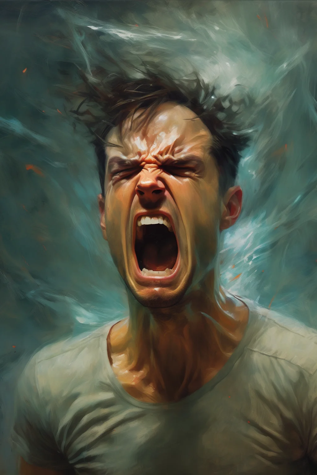 <lora:Sam Spratt Style:1>Sam Spratt Style - A realistic portrayal of a person quickly losing their temper in a heated situation, the atmosphere tense and charged, while another individual remains calm and silent, exuding strength and confidence through their composed actions and thoughtful demeanor.