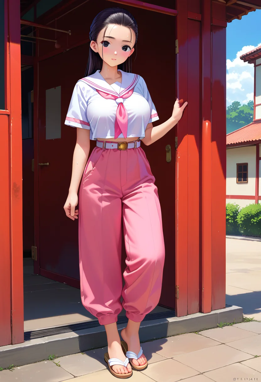 score_9, score_8_up, score_7_up, score_6_up, score_5_up, source_anime,
1girl, solo,
<lora:super_oume_otane:1>, black eyes, hair slicked back, black hair,  white serafuku, school uniform, pink neckerchief, pink pants, white belt, sailor collar, short sleeves, sandals:0.8
 shiny skin, sweat, big breasts