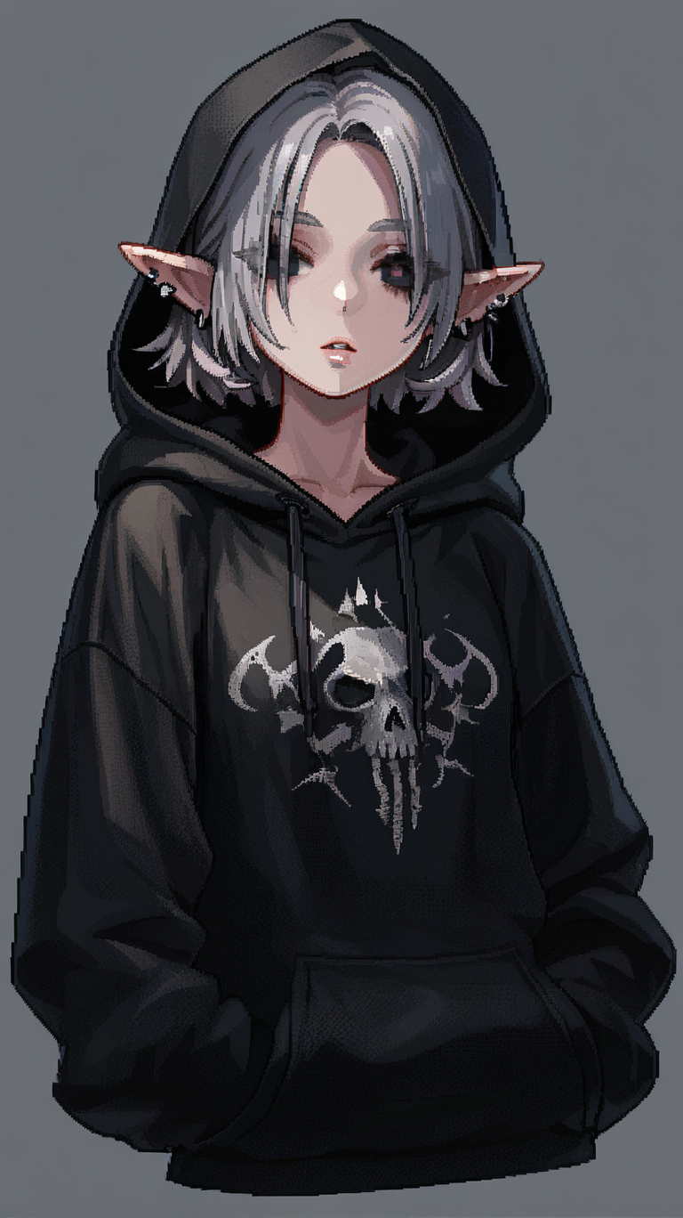 1girl, solo, looking_at_viewer, short_hair, bangs, simple_background, upper_body, grey_hair, parted_lips, pointy_ears, hood, grey_background, black_eyes, hoodie, piercing, elf, ear_piercing, hood_up, cropped_torso, black_hoodie