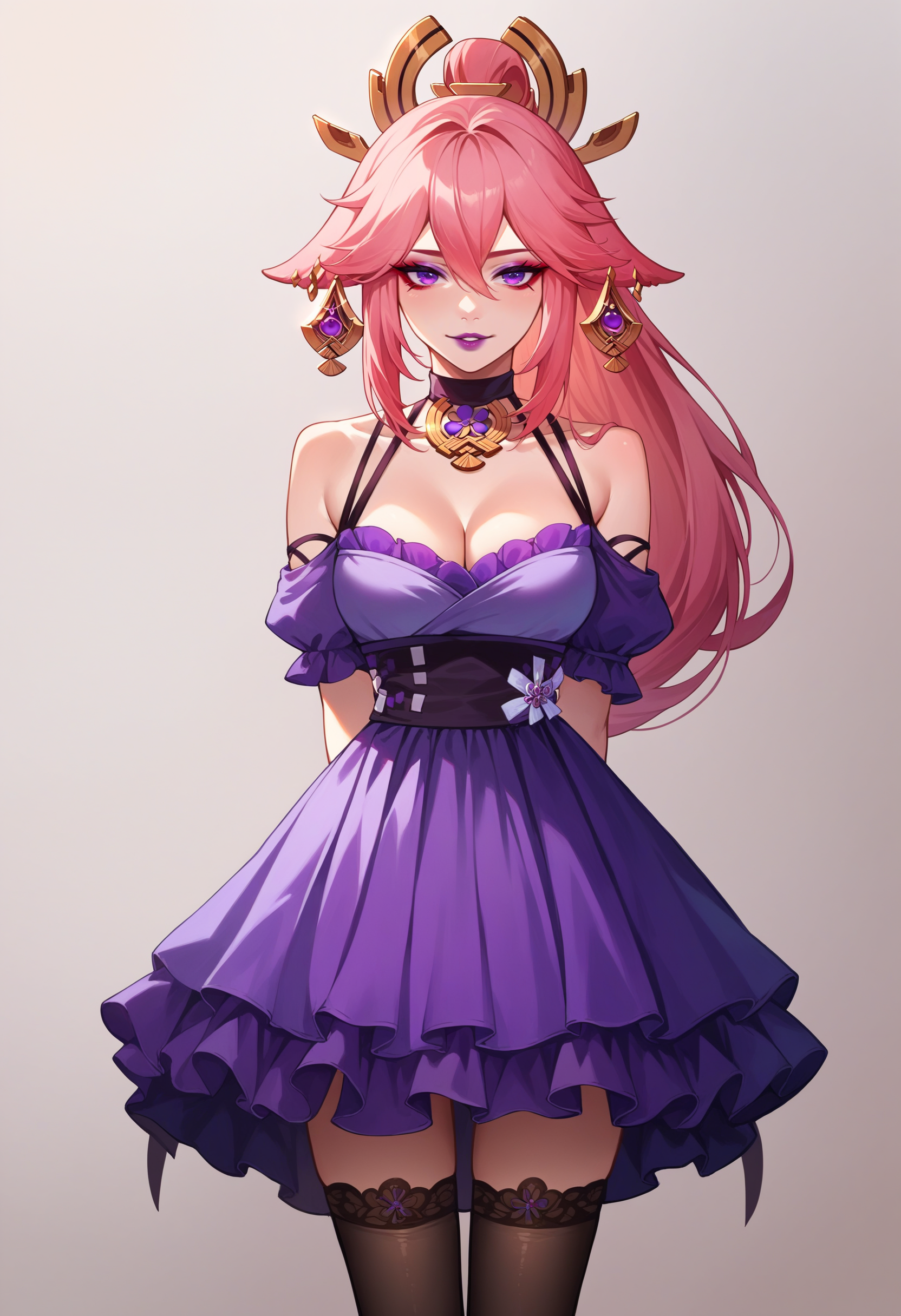 score_9, score_8_up, score_7_up, source_anime, 
<lora:wrenchlogown-000006:1>, wrenchlogown, female, light smile, parted lips, 
yae miko, purple lipstick, purple dress, black dress, cleavage, makeup, purple eyeshadow, red eyeliner, high ponytail, off shoulder, hands behind back, black thigh highs,