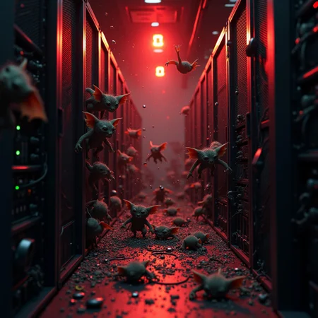 the location is a server room, in an open server cabinet a horde of tiny gremlins can be seen, they're eagerly pulling apart and throwing out hardware and tearing apart cabling, they're being generally destructive, sparks are flying, a flashing warning light on the ceiling covers the dark room in an eerie red glow