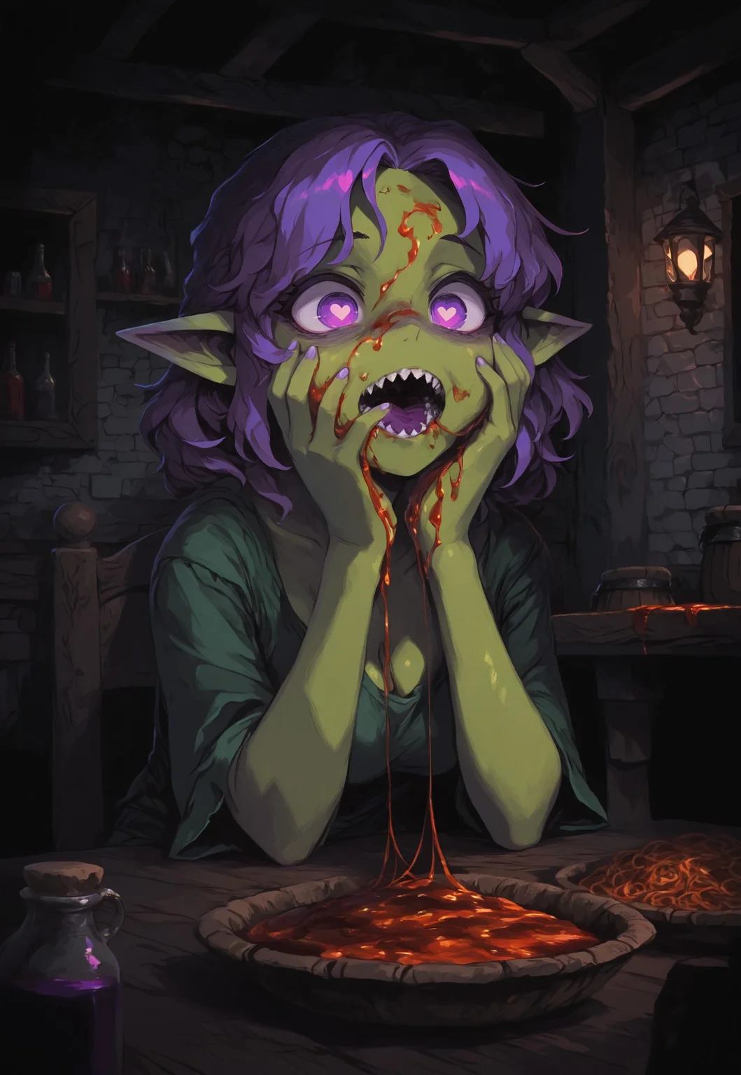 masterpiece, best quality, amazing quality, very aesthetic, absurdres, newest, LeIsT0_illu, DFAV1.5,
BREAK,
1girl, solo, multilayered purple hair, goblin girl, medium breasts, white schlera, purple eyes, green skin, pointed ears, fantasy art, ruffled white top, no sleeves, loose top, covered, sitting at table, eating spaghetti, open mouth, sharp teeth, heart eyes, deformed cheek, large expressive eyes, upper body, stuffed face, sauce on face, (eating with hands:1.3),
BREAK, tavern, black and white background, monochrome background, mysterious atmosphere, interior, dramatic lighting, detailed background, deep contrast, limited color palette, high contrast black, dramatic composition,