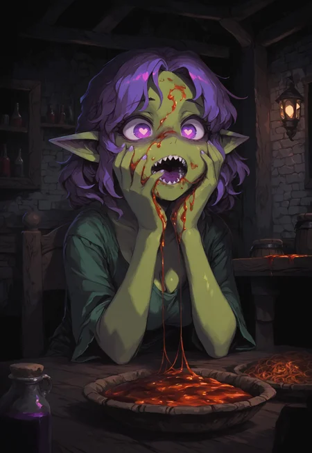 masterpiece, best quality, amazing quality, very aesthetic, absurdres, newest, LeIsT0_illu, DFAV1.5,
BREAK,
1girl, solo, multilayered purple hair, goblin girl, medium breasts, white schlera, purple eyes, green skin, pointed ears, fantasy art, ruffled white top, no sleeves, loose top, covered, sitting at table, eating spaghetti, open mouth, sharp teeth, heart eyes, deformed cheek, large expressive eyes, upper body, stuffed face, sauce on face, (eating with hands:1.3),
BREAK, tavern, black and white background, monochrome background, mysterious atmosphere, interior, dramatic lighting, detailed background, deep contrast, limited color palette, high contrast black, dramatic composition,