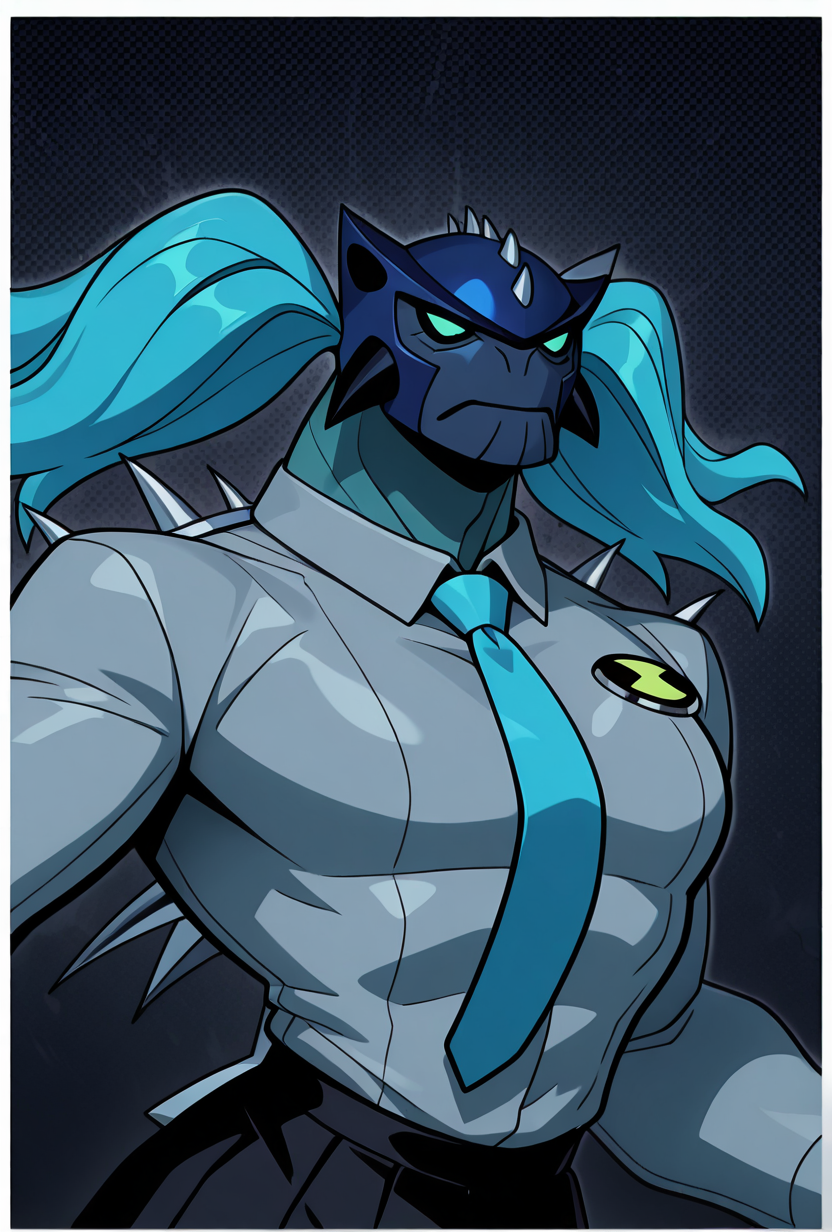 dynamic pose,   <lora:ulthum-09:1> ulthum, spikes, solo, no humans, cyan eyes, grey shirt, pokemon (creature), cyan skin, long twin tails, cyan hair, miku hair, miku cosplay, black skirt, blue tie,, , blue helmet, masterpiece, best quality, amazing quality, very aesthetic, absurdres, newest,, upper body, halftone effect, white borders, abstract background:1.2,