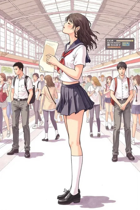 itacomic1 illustration. Profile of a high school student in uniform, white socks and black shoes, standing in the middle of a train station, holding two acceptance letters--one for a local college and the other for an overseas university. The station is bustling with people moving in every direction, while she stands still, eyes closed, taking a deep breath as she tries to decide which future to follow  <lora:itacomic_mima3_fl_d4a2:1.0><lora:801289921026572537:0>