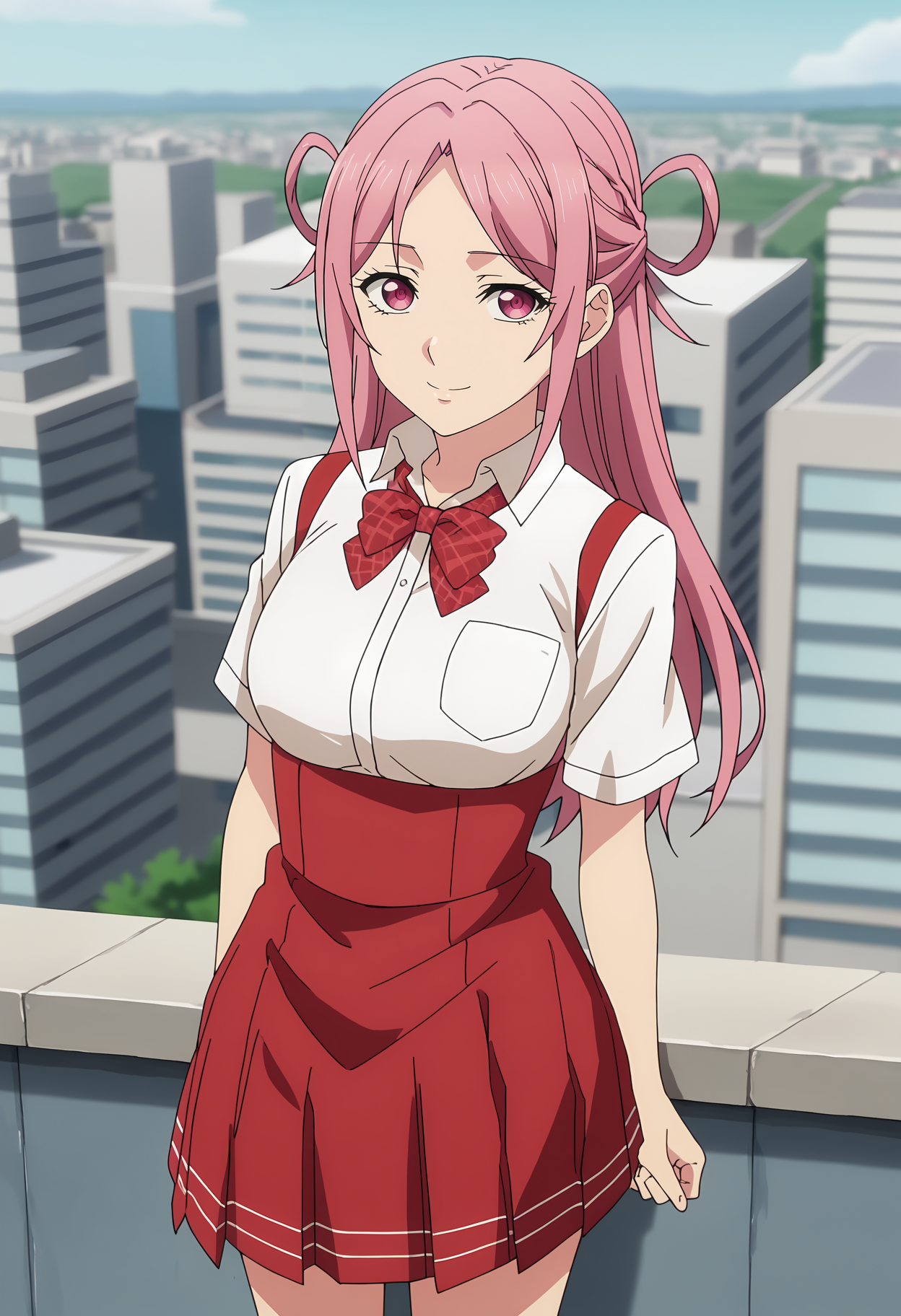 score_7_up, anime screencap,
<lora:ShuumatsuNoHarem_HoshinoShionXL:0.9>,
1girl, solo, light smile,
pink hair, long hair, parted bangs, hair rings, sidelocks, pink eyes,
HoshinoShion, collared shirt, white shirt, plaid bowtie, short sleeves, suspender skirt, high-waist skirt, red skirt,
arms at sides, standing, looking at viewer, cowboy shot,
rooftop, cityscape, outdoors, blurry background
