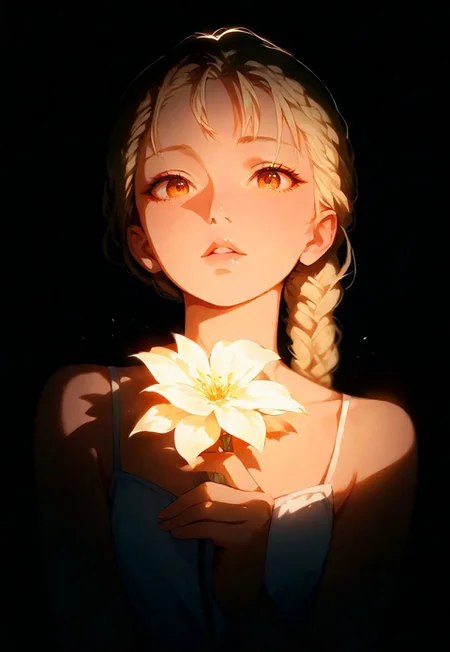 1girl, (blonde braid:1.2),   (brown eyes:0.7), (detailed eyes), lips, thin lips, parted lips, solo, (ooking at viewer:0.8), attentive, holding a flower, dynamic lighting, camisole, upper body, dark, (underlightling:1.3), masterpiece, best quality, very aesthetic close up,