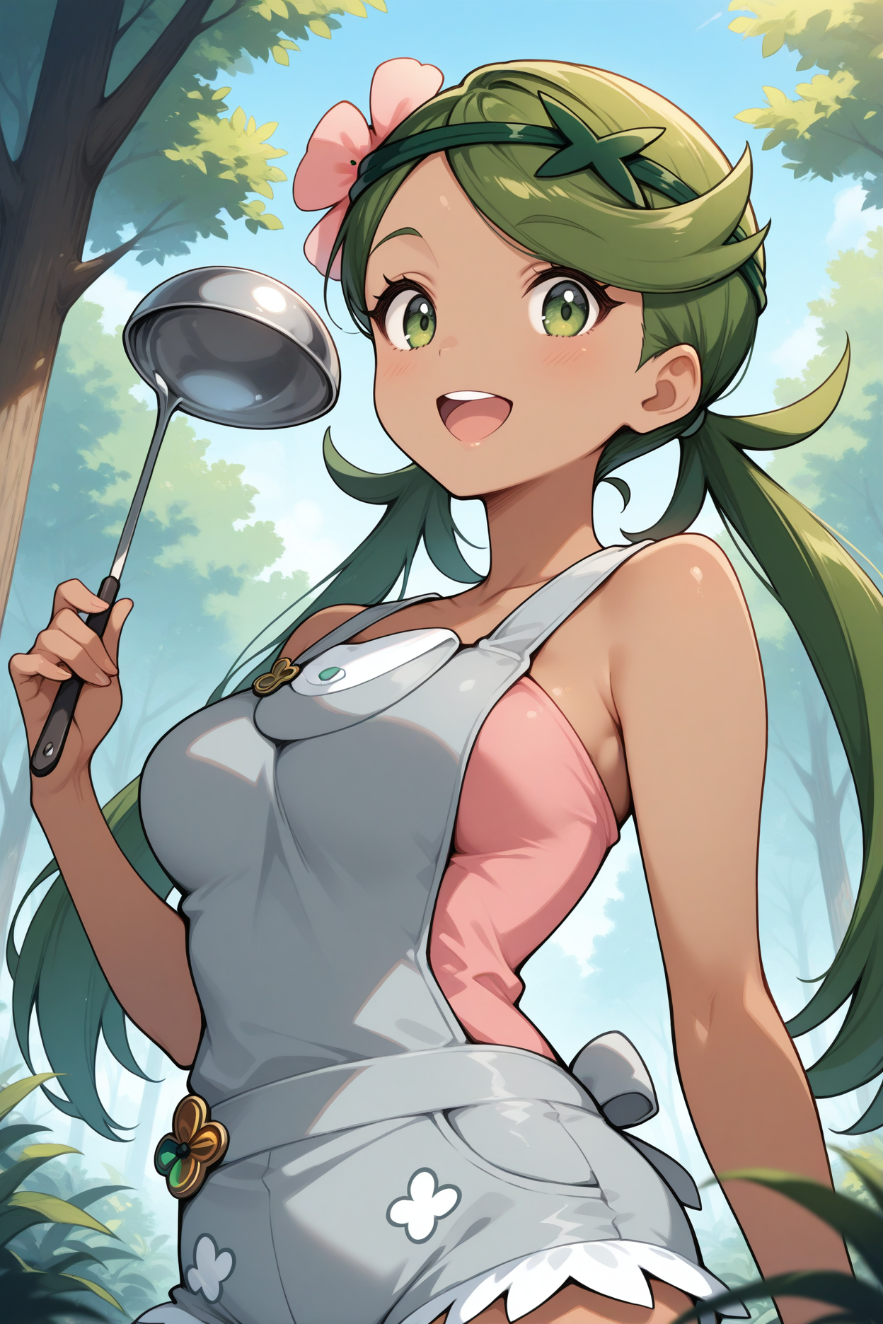 masterpiece, best quality, 1girl, solo, <lora:mallow-illu-nvwls-v1-000006:1> pkmal, dark-skinned female, green hair, low twintails, long hair, swept bangs, green eyes, hair ornament, hair flower, pink shirt, sleeveless, grey overalls, grey shorts, upper body, looking at viewer, happy, forest, holding ladle, blue sky, medium breasts, upper teeth only