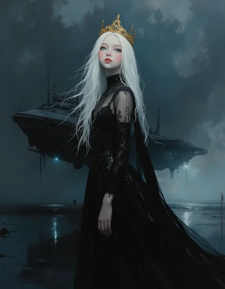 masterpiece, high quality, Oil Painting, Hyper-realistic, overhead view, hyper-detailed wide-angled painting, a young tween princess who is wearing a futuristic sleek futuristic black dress, walking away from a huge parked spaceship. A Her face is utterly serene, her stance regal and powerful. Her face is pale, almost translucent white. She has bright glowing blue eyes, and flowing white hair. She wears a futuristic gold crown, studded with gems. She is walking away from a huge black sleek space ship that has landed on a reflective black metal surface. Dark storm clouds fill the sky. focus on the girl, shadow and light, Masterpiece, intricate lines, intriguing atmosphere, sharp magnificent details, delicate features, elaborate details, (2/3 rule composition:0.5), ultra detailed, romantic, Rembrandt lighting, brush stroke, lovely, novuschroma, in the style of Rembrandt. vantablack <lora:style_of_Rembrandt_FLUX_135:.6> <lora:- Flux1 - vanta_black_V2.0:.6> <lora:neeeg_f1:-1> <lora:113_novuschromaFLX_1:.3> <lora:Midjourney_Whisper_Minimal:.4> <lora:s1n0z1ck-flux-test-lora:1>