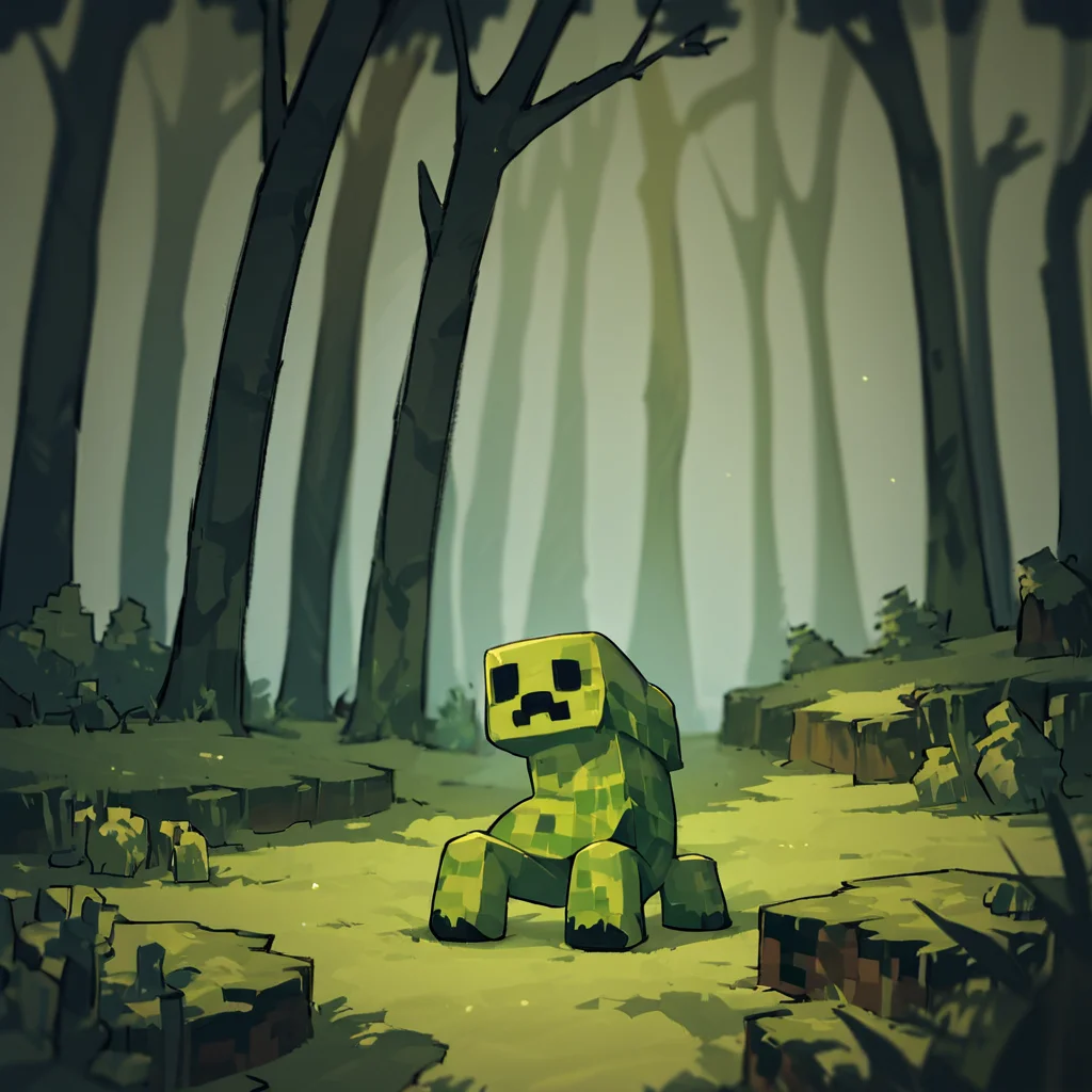 score_9, score_8_up, score_7_up, score_6_up, score_5_up, score_4_up, source_anime, mcCreeper, minecraft, creature, squatting, forest
