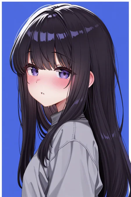 masterpiece, best quality, amazing quality,
 <lora:Hayama_IL:1> hayamasalt, 1girl, solo, black hair, looking at viewer, long hair, bangs, upper body, parted lips, purple eyes, blush, blue background, border, shirt, grey shirt, white border, from side, simple background