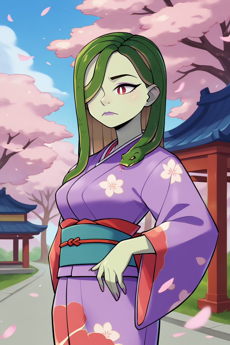 score_9, score_8_up, score_7_up, BREAK, 1girl, solo, breasts, <lora:veraoberlin-guy-PONYv1:.9>, veraoberlin, snake hair, green skin, monster girl, hair over one eye, makeup, kimono,  <lora:sunafukitabito-guy-PONYv1:1>, outdoors, cherry blossoms, print kimono,