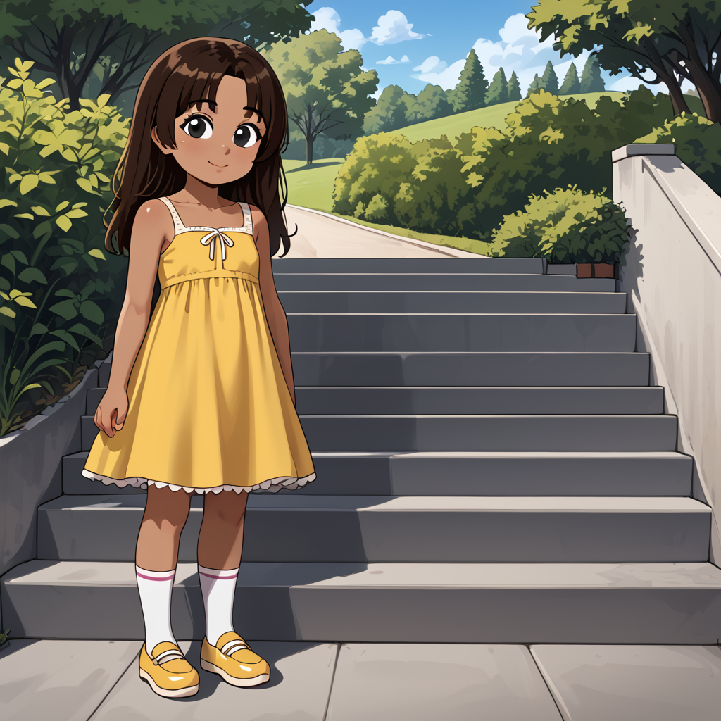 outside,   <lora:Emmie Molly:1> emmie, 1girl, female child, solo, brown hair, dark-skinned female, black eyes, long hair, dress, yellow dress, shoes, socks, full body