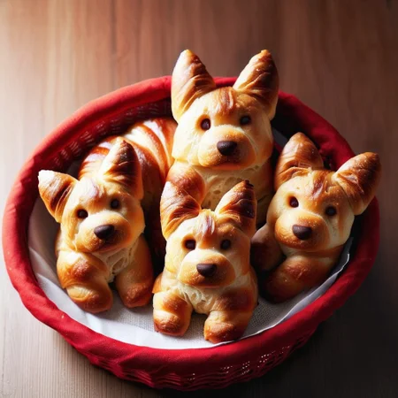 4 loaves of croissants in the shape of corgi, in a red and white basket