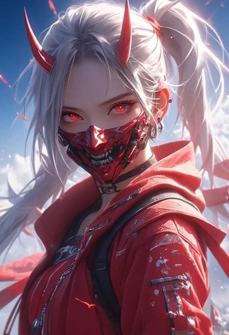 WLOP art style, Digital painting style visual effects, real humans, (Korean girl), ((((folded double pigtails)))), looking at the audience, female, ((With straight one pair Oni Horns on On the forehead)), (((solo))), Innocent eyes and smile, white hair, short hair, (fluffy very short (spiky pigtails)), ((abs)), ((((navel exposed)))), (Face mask), ((abs)), ((((navel exposed)))), black short Hoodie, red long-sleeved top, tight denim hot pants, long legs, clear face, ruby red eyes, holding a gun, gun in hand, looking up, bright eyes, clarity, movie shot, (full body), complex Details, 8k post-production, faithful and colorful movies,