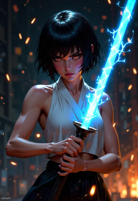 mythp0rt, A woman in black pants and a white top wields a glowing blue katana. Her short black hair partially obscures her intense, red-eyed gaze. Sparks and embers fly around her in the dimly lit, blurred background. high contrast, and saturated colors. <lora:FluxMythV2-000009:0.8>