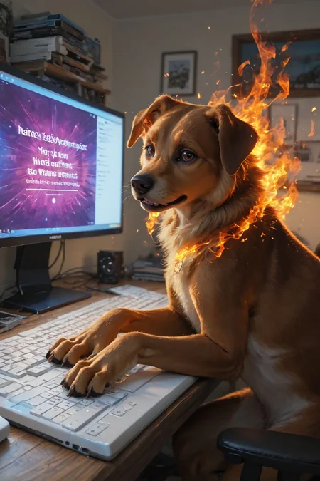looking at viewer,detailed background,Cinematic Lighting,film grain,score_9,score_8_up,score_7_up,masterpiece,best quality,highly detailed,
<lora:(增强)sdxl_lightning_8step_lora:1>,<lora:glowneon_xl_v1:1>,glowing,<lora:Expressive_H:0.8>,Expressiveh,<lora:th3rm4lXLP:0.4>,th3rm4l,colorful,
realistic,computer,no humans,keyboard (computer),monitor,english text,dog,fire,speech bubble,animal,indoors,keyboard \(computer\),