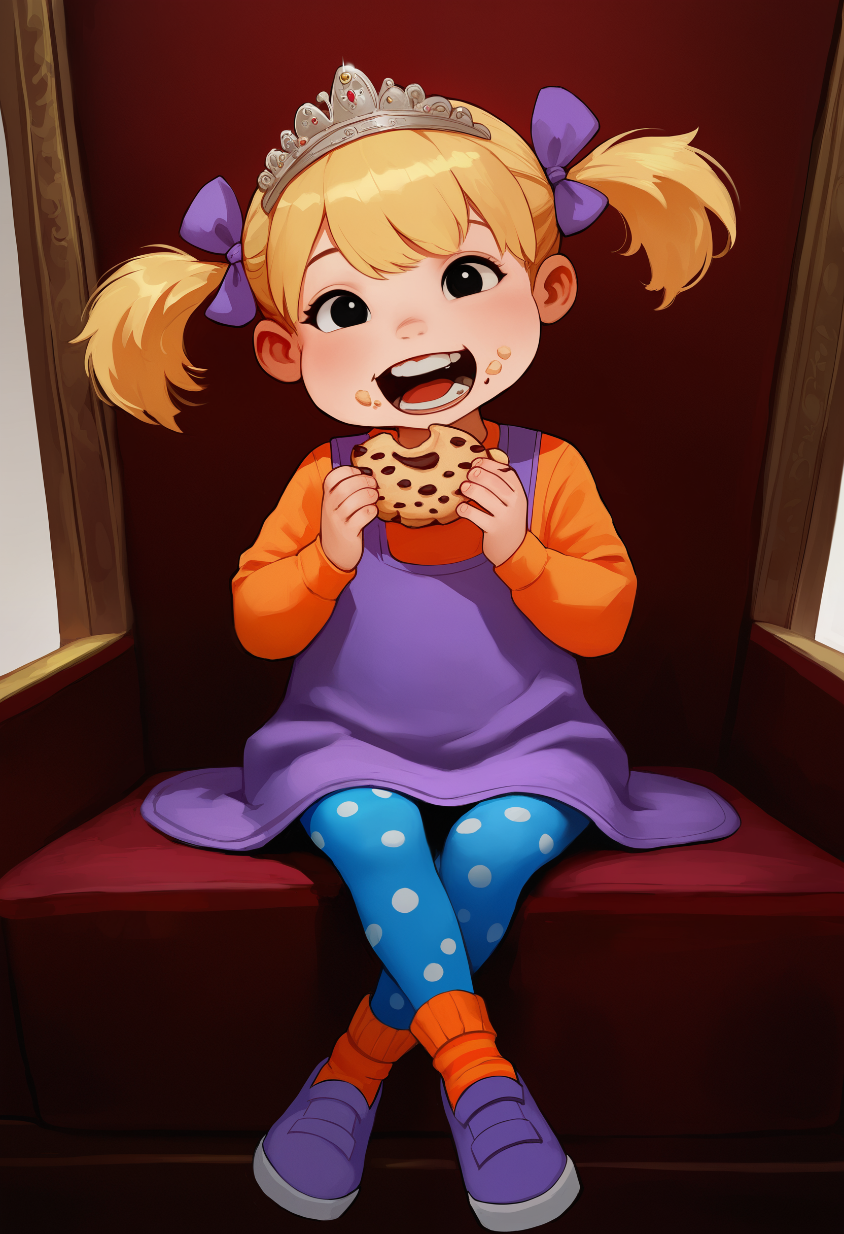 masterpiece, best quality, detailed, semi realistic, ((child, little girl, eating cookies, food on face:1.4)), an3x1, 1girl, solo, open mouth, pinafore dress, hair bow, full body, blue leggings, polka dot, long sleeves, purple footwear, orange socks, short twintails, blonde hair, black eyes, happy, sitting on throne, legs crossed, head tilt, tiara,