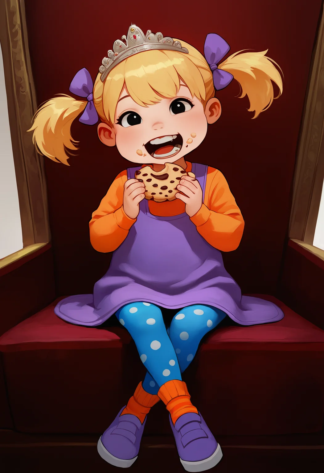 masterpiece, best quality, detailed, semi realistic, ((child, little girl, eating cookies, food on face:1.4)), an3x1, 1girl, solo, open mouth, pinafore dress, hair bow, full body, blue leggings, polka dot, long sleeves, purple footwear, orange socks, short twintails, blonde hair, black eyes, happy, sitting on throne, legs crossed, head tilt, tiara,