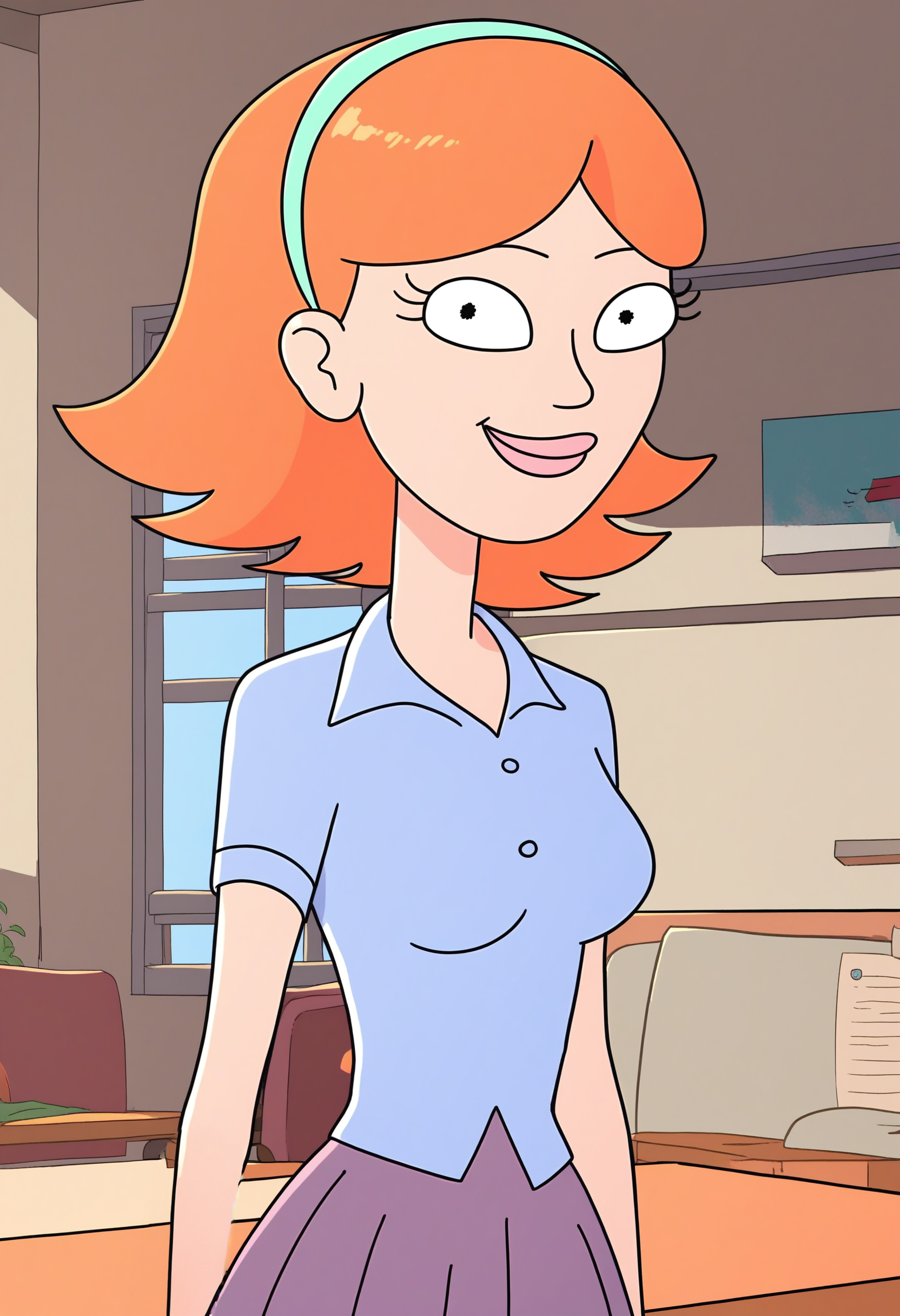 jessica, hairband, 1girl, orange hair, solo, short hair, shirt, breasts, skirt,smile,  smile, looking at viewer, score_9, score_8_up, score_7_up, score_6_up, score_5_up, score_4_up upper body,indoors, <lora:JessicaRMPony1.0:1>  zPDXL ,