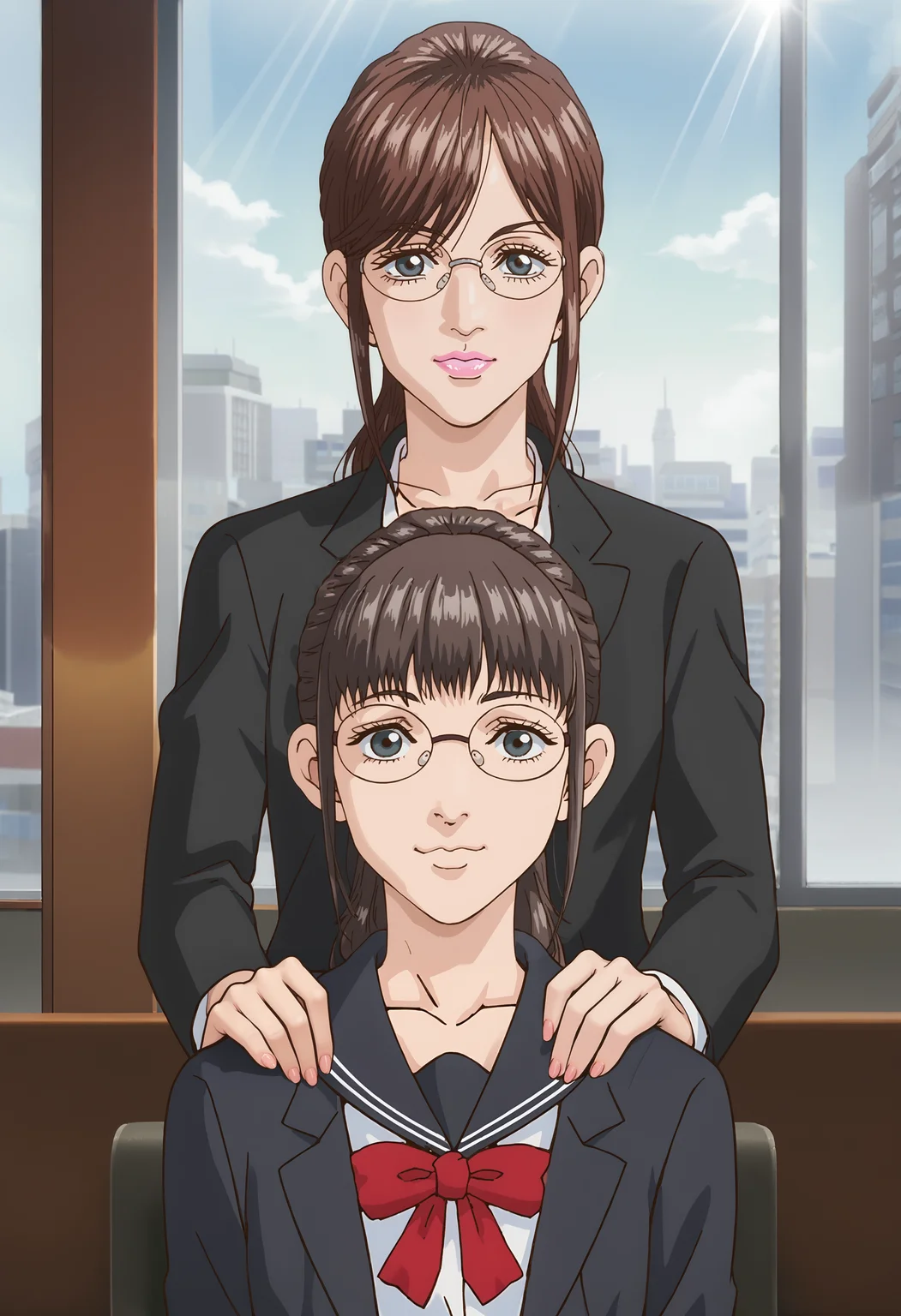 <lora:PonyScores7:1> anime coloring, source_anime, rating_explicit, uncensored, masterpiece, best quality, very aesthetic, absurdres, anime screencap, skyscraper, indoors, office, (window, dappled lighting:1.4), height difference, cowboy shot, <lora:Trillion_Game_-_Mizuki:1>
2girls, trillionmizukiteen, brown hair, choppy bangs, ponytail, blue eyes, glasses, rimless eyewear, school uniform, white serafuku, red bow, arms at side, looking at viewer, light smile
2girls, trillionmizukiadult, brown hair, parted bangs, ponytail, blue eyes, glasses, rimless eyewear, pink lipstick, office lady, black jacket, white shirt, hands on another's shoulders, looking at viewer, light smile, hand