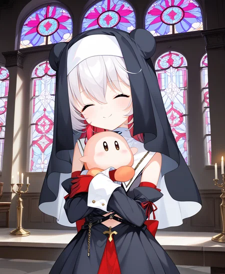 /1/score_9,score_8_up,score_7_up,rating_explicit,absurdres,unity 8k wallpaper,official art,official style,source_anime,game cg,ultra delicate hair,shiny skin,slender,stain glass,divine light,light coming through the window,<lora:tonde_pyokora_pony_v1:1>,black dress,cross,chain,nun,red gloves,dress,long sleeves,detached sleeves,frills,gloves,happy,smile,open mouth,closed eyes,upper body,indoors BREAK
(hug waddledee:1.1),<lora:Waddle_dee>,waddledee,(no mouth:1.2),front view,