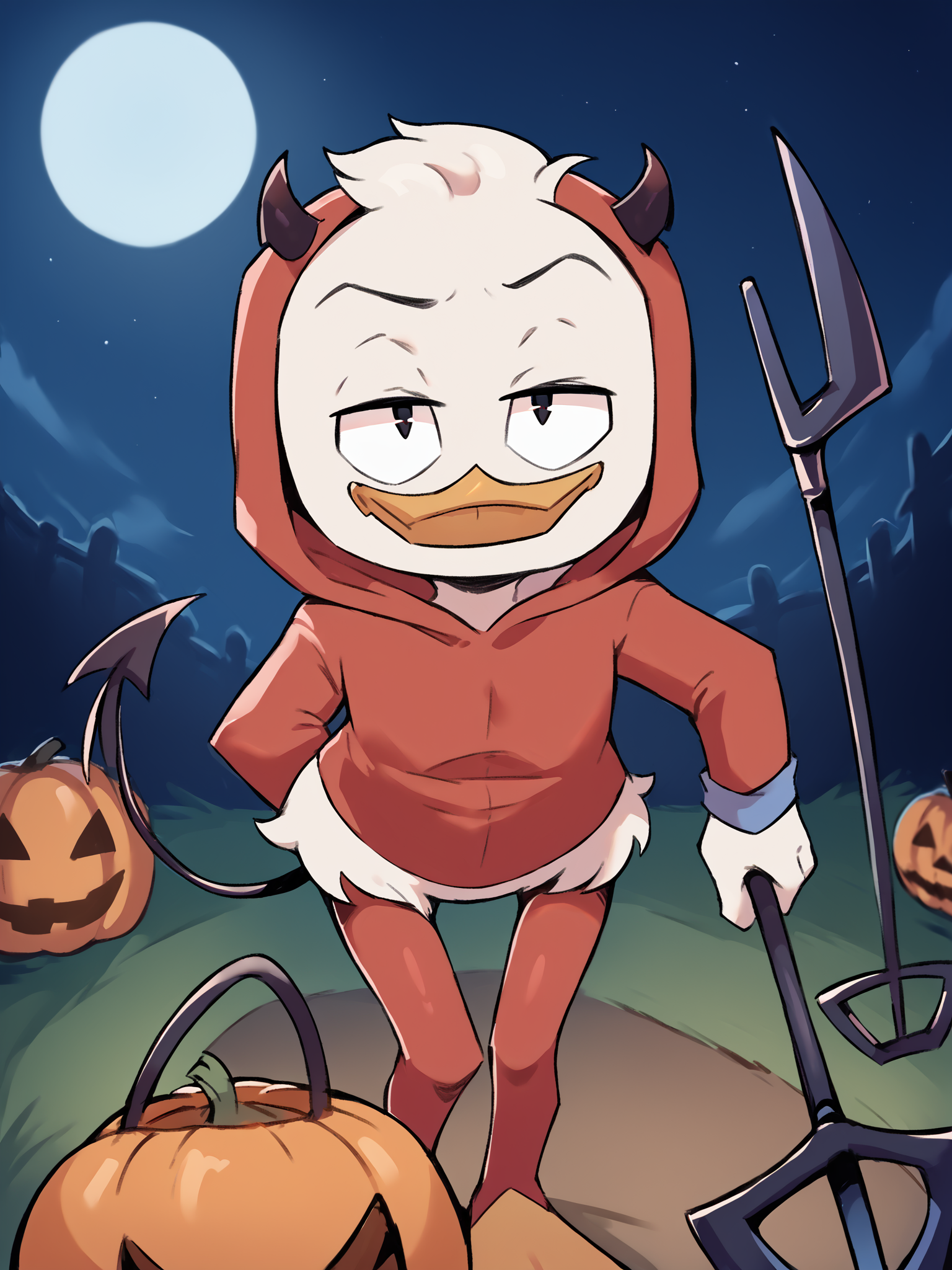 7hr33k57yl3, score_9, score_8_up, score_7_up, score_6_up, score_5_up, best quality, highres, source_furry, (outdoors, night, halloween:1.2)
1boy, male, solo, young, duck, beak, deweypdxl, red onesie, bodysuit, beak, red legs, red socks, hood up, red demon horns, devil tail, pitchfork, mouth closed, looking at viewer, half-closed eyes, smug, white body, leaning forward, hair tuft, <lora:Dewey_Duck:0.8> <lora:Threek_Style_REAL:1>