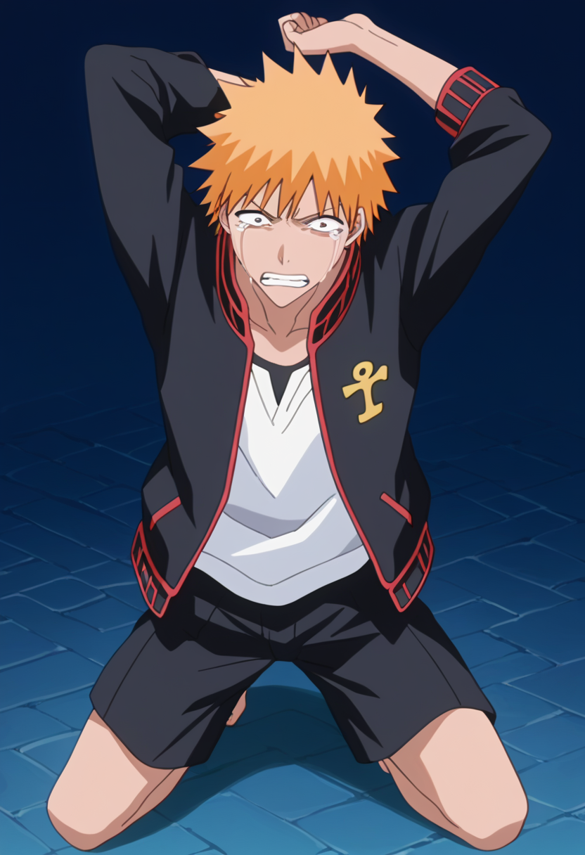 score_9, score_8_up, score_7_up, source_anime, masterpiece, 1boy, ichigo kurosaki, jacket,  , <lora:ichigo_kurosaki_ponyxl:1>, , scared, clenched teeth, distress, crying with eyes open, constricted_pupils,, at ancient egypt, egyptian city,, solo,  kneeling,  stretching,  arm up,  barefoot, arms behind head,