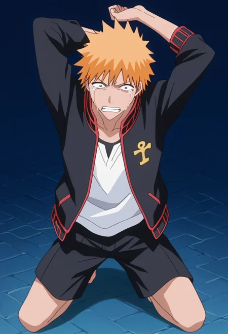score_9, score_8_up, score_7_up, source_anime, masterpiece, 1boy, ichigo kurosaki, jacket,  , <lora:ichigo_kurosaki_ponyxl:1>, , scared, clenched teeth, distress, crying with eyes open, constricted_pupils,, at ancient egypt, egyptian city,, solo,  kneeling,  stretching,  arm up,  barefoot, arms behind head,
