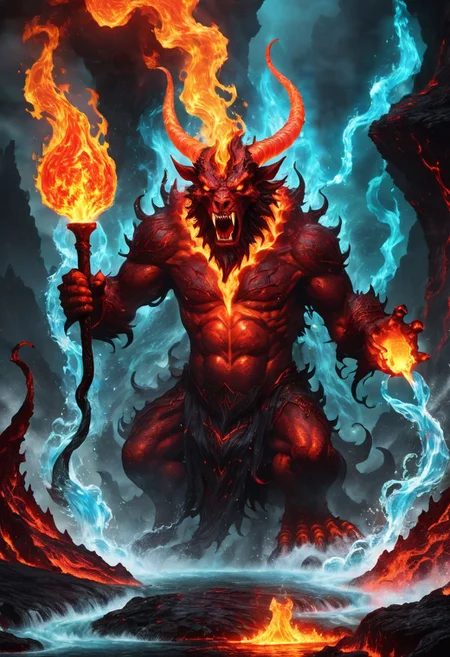 a red ferrous fire breathing, ghoulish, ghastly horned elemental in a hellish fiery lava filled environment. decimating everything in rage all around it while in the foreground ((A single wizard figure is using water magic)) to manipulate water to extinguish fires and battle the beast.