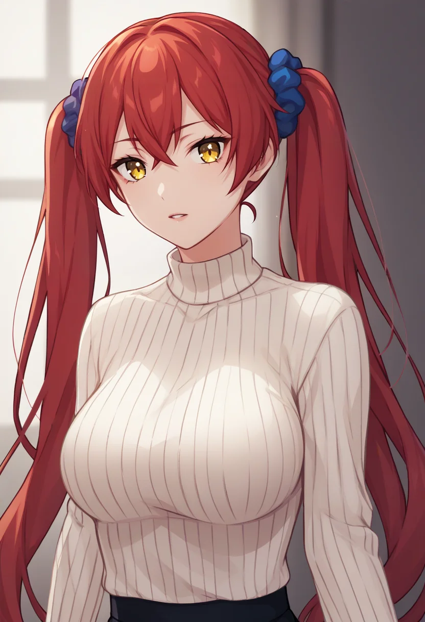 score_9, score_8_up, score_7_up, source_anime BREAK 1girl, solo, red hair, twintails, very long hair, hair scrunchie, yellow eyes, looking at viewer, parted lips, ribbed sweater, turtleneck sweater, white sweater <lora:pochimaru-artist-richy-v1_pdxl:1> large breasts
