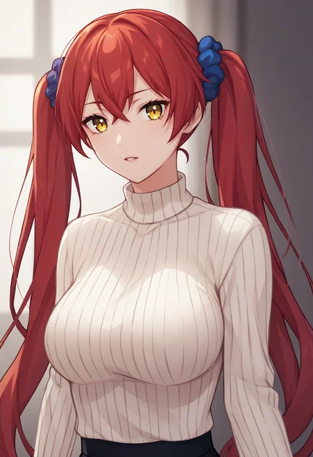 score_9, score_8_up, score_7_up, source_anime BREAK 1girl, solo, red hair, twintails, very long hair, hair scrunchie, yellow eyes, looking at viewer, parted lips, ribbed sweater, turtleneck sweater, white sweater <lora:pochimaru-artist-richy-v1_pdxl:1> large breasts