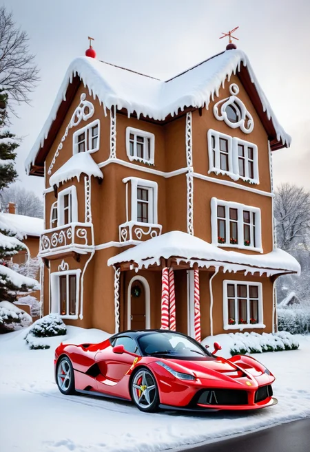 Ferrari laferrari,winter ,in front of house.Christmas<lora:GingerbreadStyle_epoch_10:0.7>