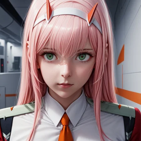 1girl, solo, zero_two_\(darling_in_the_franxx\), pink_hair, horns, hairband, white_hairband, green_eyes,bangs, uniform, shiny_hair, orange_necktie, hyper realistic, portrait, 4k, high detail, gorgeous, natural lighting, cinematic, vivid colors