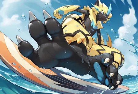 <lora:SlimesZeraora:1>, score_9, score_8_up, score_7_up, slimes_zeraora, solo, dark feet, 3 toes, foot focus, feet style, foot style, water, surfing, feet on surfboard, wet on feet, close-up