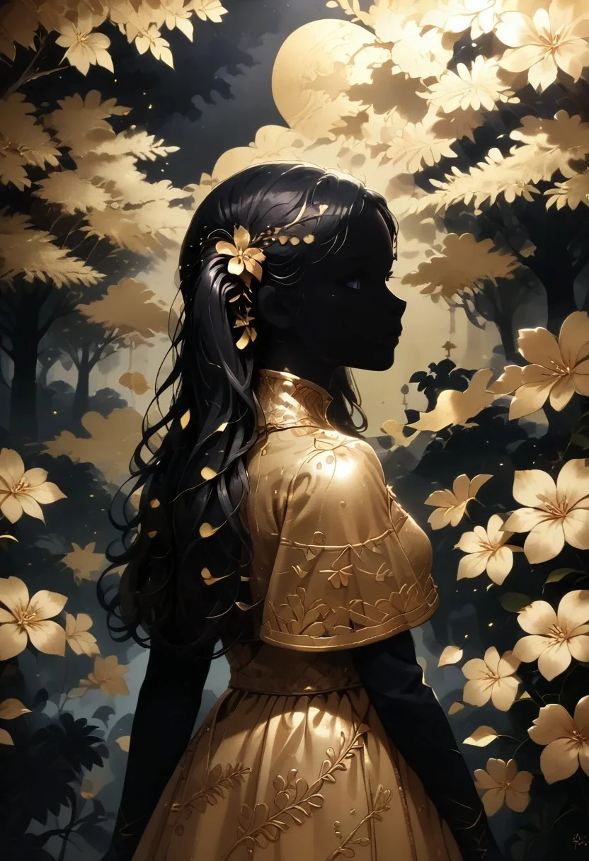 (silhouette_with_gold_foil:1.5), 1girl, pretty woman, grey eyes, detailed face, long hair, twintails, capelet, dress, gloves, cherry blossom flower petals floating around her, setting sun in back ground illuminating the body, lost the deep forest, many trees and foliage around her, a mysterious terror and fear inducing scene, small golden stars, circular patterns around body, intricate golden dress, gold foil,
score_9, score_8_up, score_7_up, score_6_up, score_5_up,