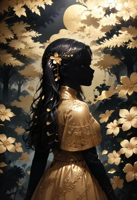 (silhouette_with_gold_foil:1.5), 1girl, pretty woman, grey eyes, detailed face, long hair, twintails, capelet, dress, gloves, cherry blossom flower petals floating around her, setting sun in back ground illuminating the body, lost the deep forest, many trees and foliage around her, a mysterious terror and fear inducing scene, small golden stars, circular patterns around body, intricate golden dress, gold foil,
score_9, score_8_up, score_7_up, score_6_up, score_5_up,