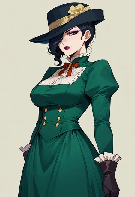 score_9,score_8_up,score_7_up, 1girl, large breast, mayonesh, hat, black hair, medium hair, hair over one eye, makeup, lipstick, green dress, puffy sleeves, black gloves, thigh gap, thighs, anime, looking at viewer, Long Skirt, thin lips, side view,