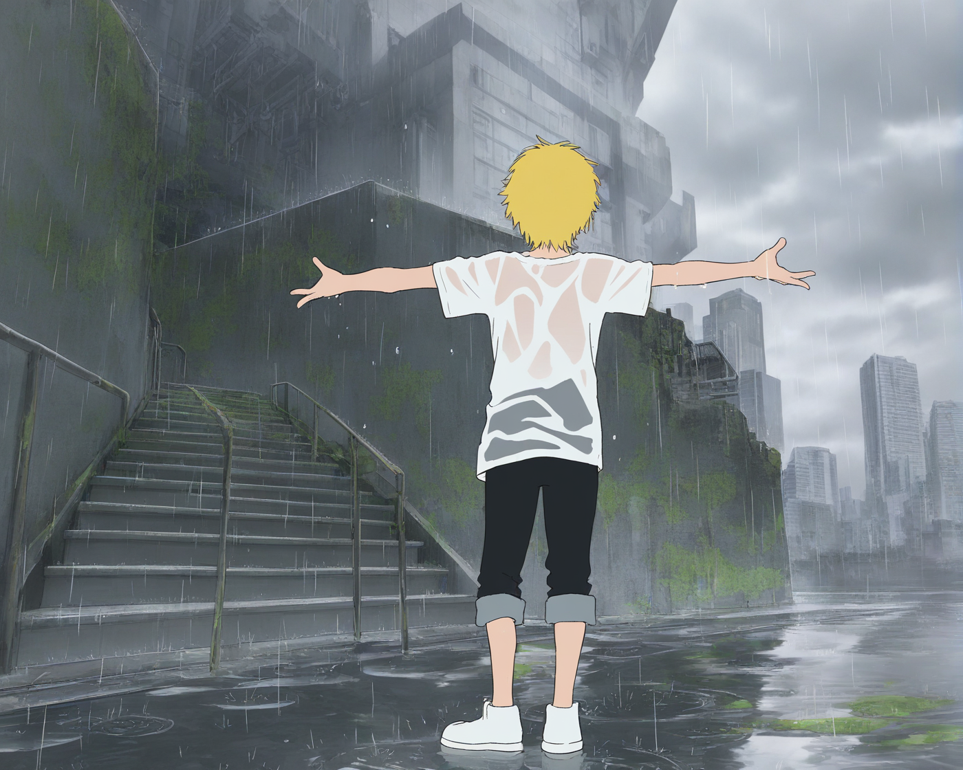 rain,outdoors,building,pants rolled up,wet,(solo:1.3),stairs,shirt,pants,cloud,overgrown,wet clothes,rooftop,sky,cloudy sky,skyscraper,standing,white shirt,water,city,puddle,wet shirt,looking far,rust,cityscape,industrial pipe,jeans,moss,black pants,bridge,fence,(white footwear:1.1),(water drop:1.2),t-shirt,short sleeves,capri pants,overcast,day,grey sky,(spread arms:1.2),(looking up:1.2),(rain drop:1.2),(close up:1.1),
BREAK 1boy,blonde hair,denji,
masterpiece,best quality,amazing quality,very aesthetic,highres,absurdres,<lora:lookback-noob10-v2-000030>,