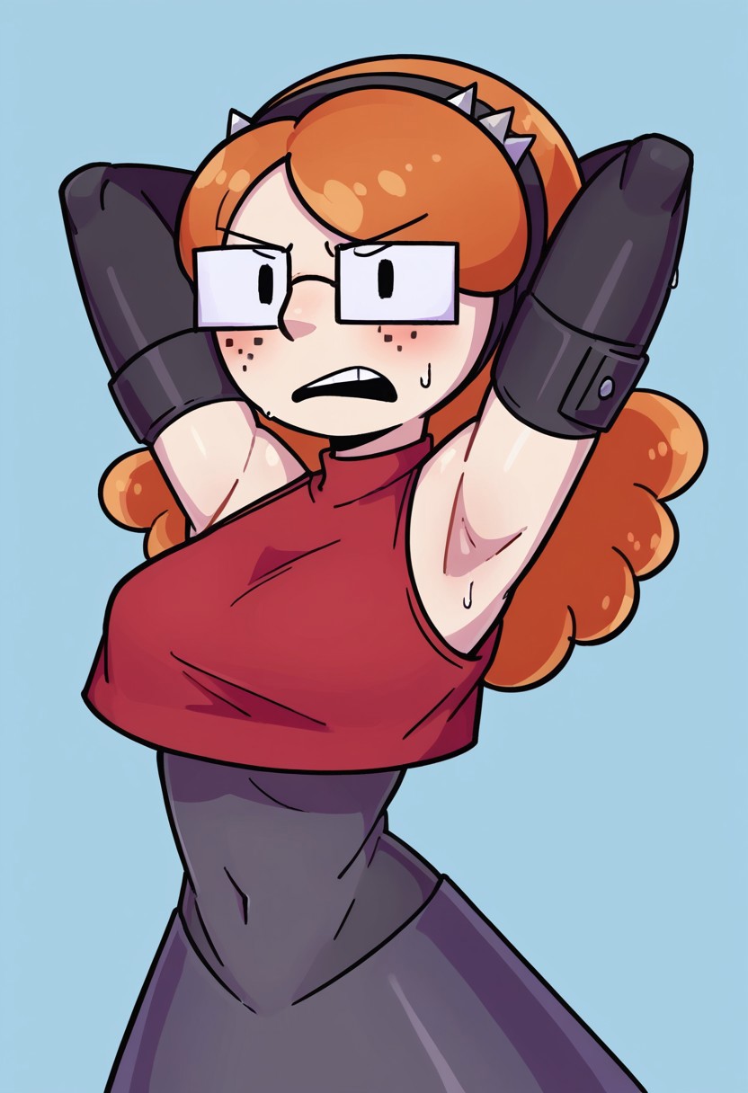 score_9, score_8_up, score_7_up, , 1girl, solo, robobuddy, square glasses, robot arms, skinny, freckles, round breasts  black dot eyes, orange hair, black headband, blue background,, blushing,, shy, angry, nsfw, red croptop, hands behind head, sleeveless, sweaty armpits,