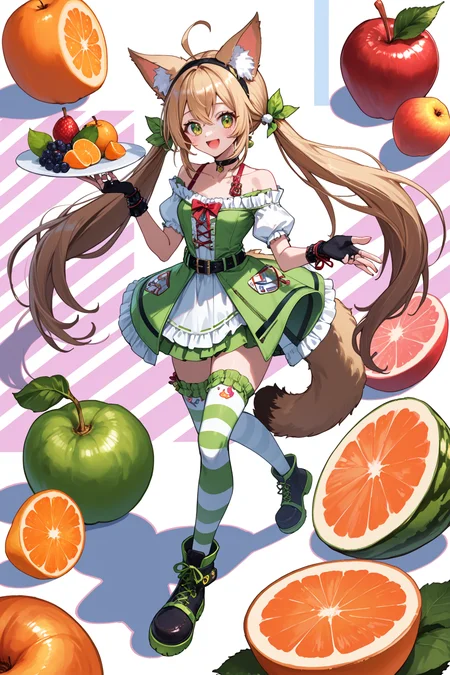 1girl, ahoge, animal ear fluff, animal ears, asymmetrical legwear, choker, collarbone, fingerless gloves, food, fruit, full body, green eyes, hairband, long hair, low twintails, off shoulder, open mouth, single thighhigh, smile, solo, striped, striped background, striped legwear, tail, thighhighs, twintails, uneven legwear, very long hair, virtual youtuber, <lora:rokwmn:0.7>
