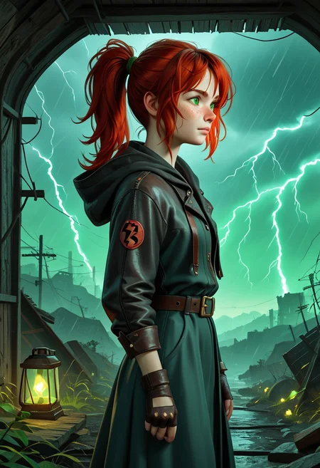 1girl, Masterpiece, 8k, ultra high detail, score_7 up,
volumetric lighting, vivid colors, vibrant colors, score_8_up, score_9, small breast size, sporty red ponytail hair, fcNeg, stunning green eyes, freckles, white skin, small nose, innocent beauty, slim face, cute face, skinny body, perfect body, extreme detailed body, intence green eyes, perfect face, ultra high detailed face, perfect eyes, petite,
Face fokus, fokus on face,
Leather wasteland warrior clothes, dark tattered cloak violently thrashing, dark long torn cloak with hood down, dark hood down,
w4stel4nd3r, fingerless gloves, belt, 2 different leather long skirts,
d3t41l3d, zPDXL3,
Post Apocalyptic landscape, radioactive Storm, green lightning, taking shelter, heavy rain,
Inside a ruin, looking outside, Sideview,