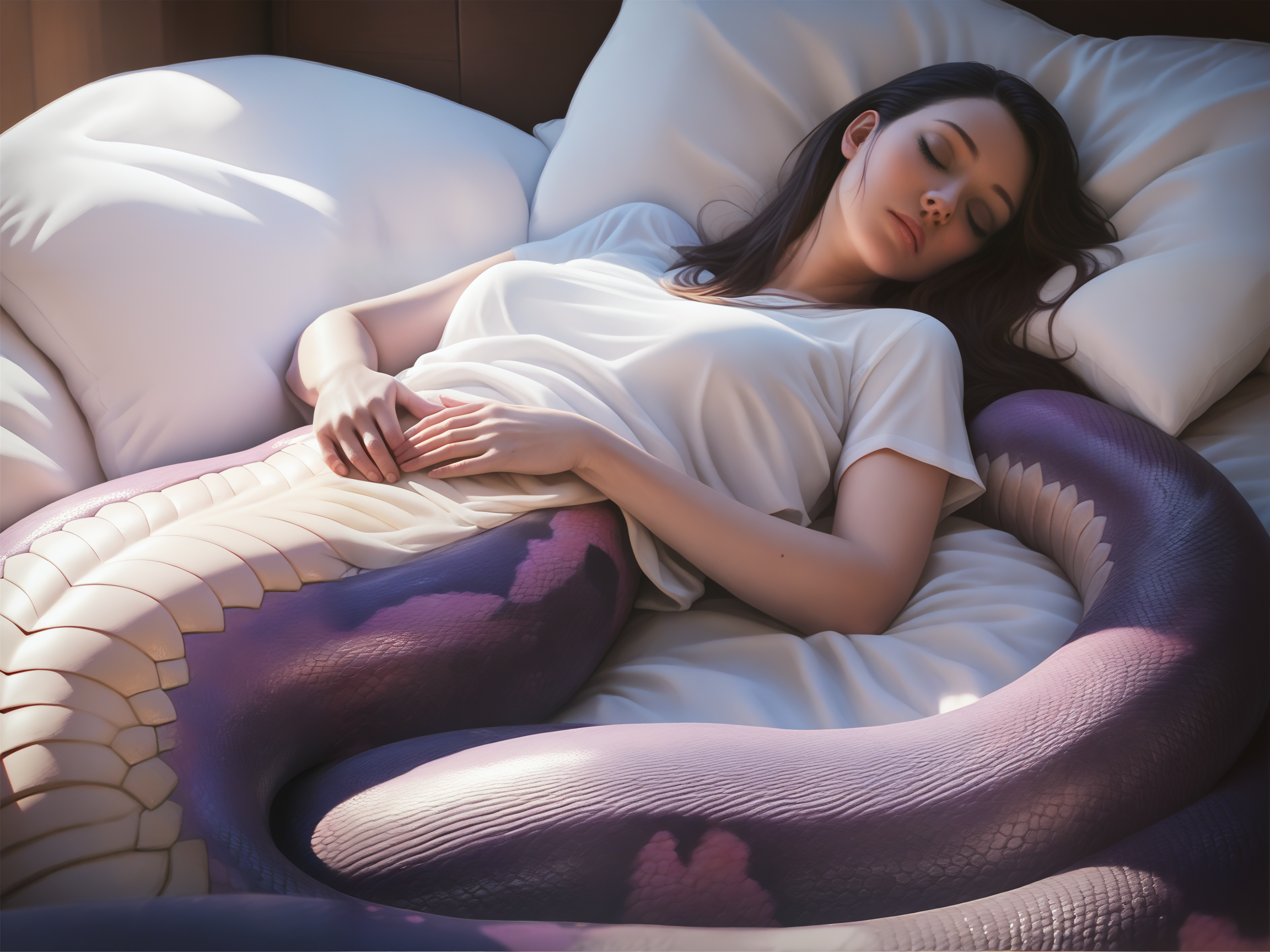 score_9, score_8_up, score_7_up, score_6_up, score_5_up, score_4_up,
<lora:lamia-ponyxl-v1:1>, 
a beautiful lamia girl laying in bed, striped purple tail, white shirt, sleeping, lamia, ultra realistic, (high quality, detailed, beautiful), detailed beautiful eyes, realistic, outstanding,
<lora:add-detail-xl:0.7> <lora:xl_more_art-full_v1:0.1>