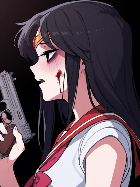 score_9, score_8_up, score_7_up, score_6_up, score_5_up, score_4_up, rating_safe
BREAK
sailor mars, circlet, black hair, black eyes, looking away, tired, half-closed eyes, bags under eyes, sigh, open mouth, looking down, blood on face, blood splatter,
BREAK
solo, portrait, magical girl, red serafuku, from side, holding gun, handgun, blood on weapon,
BREAK
black background, <lora:Lunas-KakureEria-SDXL-A1:1>