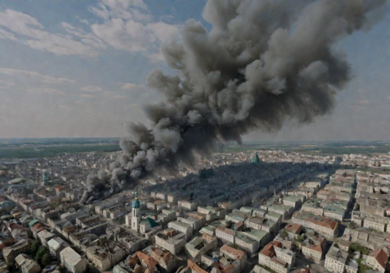 <lora:Smoke_XL:1>, middle shot, modern Ukrainian bombed out city with churches, helicopters overhead,  in the form of smoke_xl