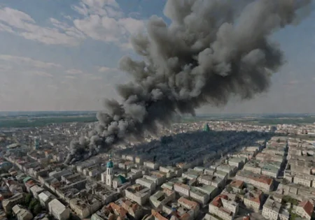 <lora:Smoke_XL:1>, middle shot, modern Ukrainian bombed out city with churches, helicopters overhead, in the form of smoke_xl