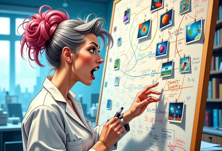A vibrant, American comic-style pinup drawing of a wild-eyed, female scientist with grey and pink hair tied in a bun, resembling a brilliant and eccentric mind. She's standing in front of a cluttered whiteboard, enthusiastically explaining her groundbreaking theories to the viewer. The whiteboard is covered in a mess of colorful math equations, diagrams, and pinned pictures of various scientific concepts, such as molecules, galaxies, and machinery. Several threads of different colors are tied to the pins, linking the pictures and equations in a complex web of connections. The female scientist's eyes are wide with excitement, and her bun is slightly disheveled, with a few loose strands framing her face. She's gesturing emphatically with one hand, while the other hand holds a marker, as if she's just finished writing on the board. The background is a blurred, gradient blue, with hints of laboratory equipment and bookshelves visible in the distance. The overall mood is one of manic energy and intellectual curiosity. The illustration style should be reminiscent of classic American comics, with bold lines, bright colors, and dynamic textures.